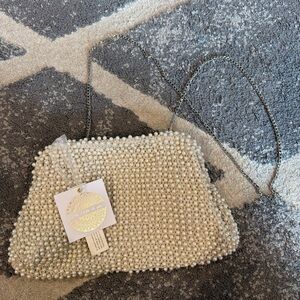 Pearl Beaded Clutch with Chain Strap - Cream
